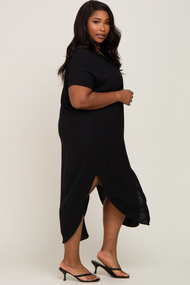 plus size woman wearing a black short sleeve midi dress with side slits and black kitten heel sandals