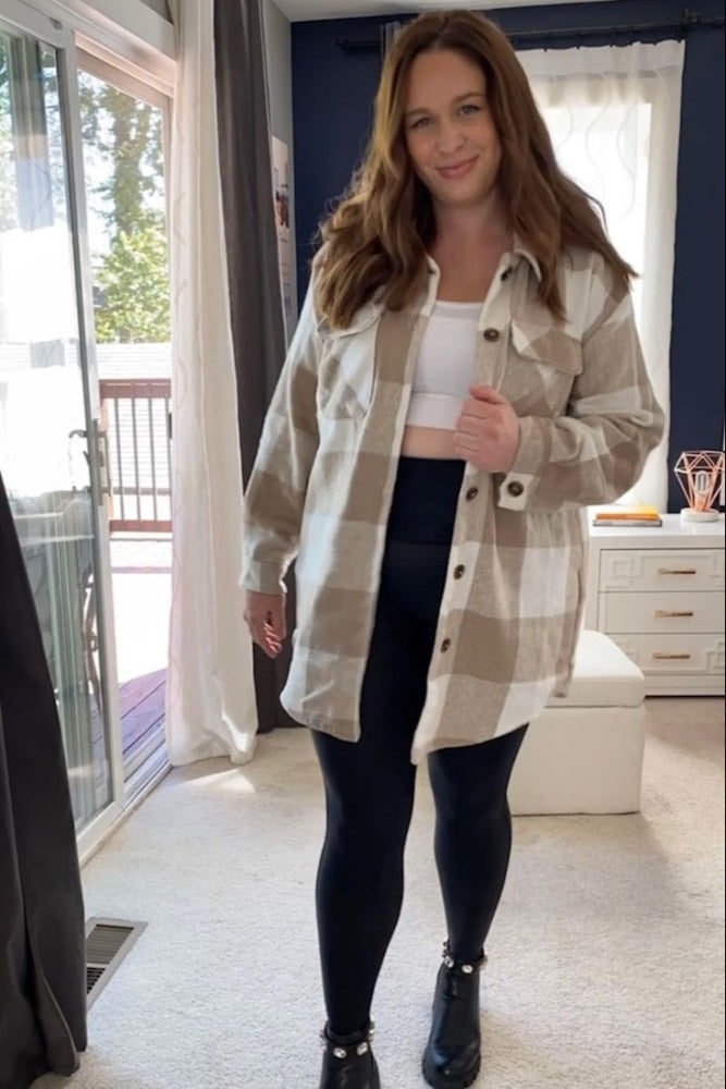 Beige Plaid Brushed Long Shacket