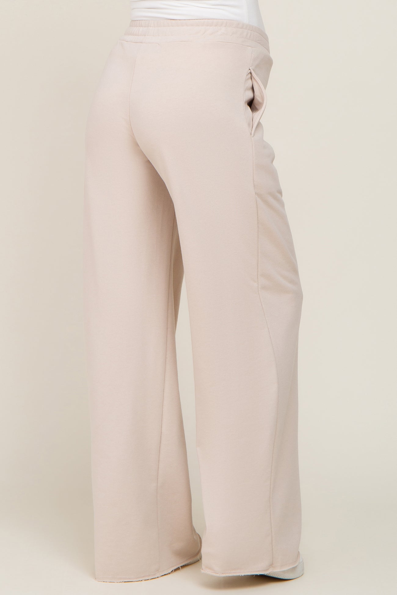 Beige Wide Leg Fray Hem Maternity Sweatpants
