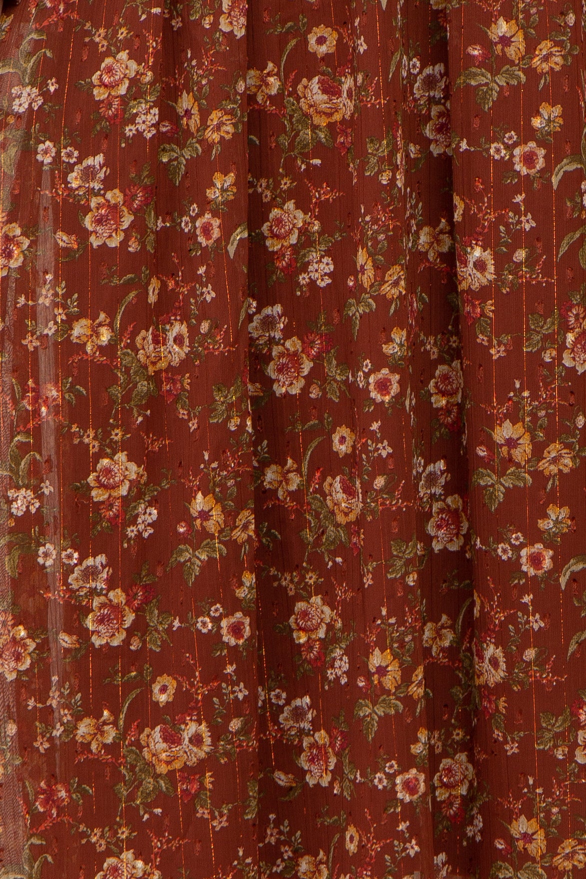 Brown Floral Chiffon Smocked Waist Midi Dress
