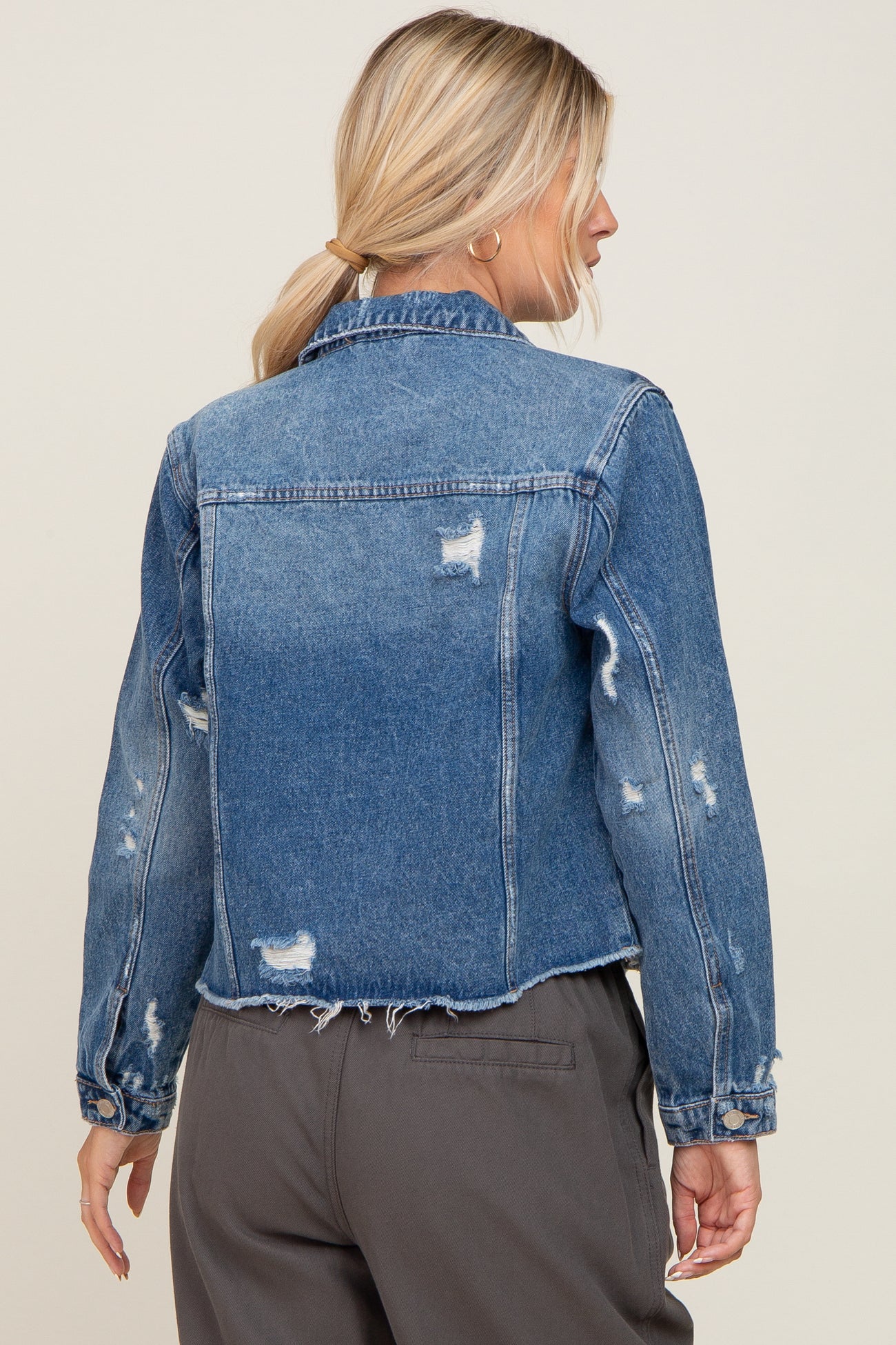 Navy Blue Distressed Cropped Denim Jacket