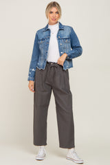 Navy Blue Distressed Cropped Denim Jacket