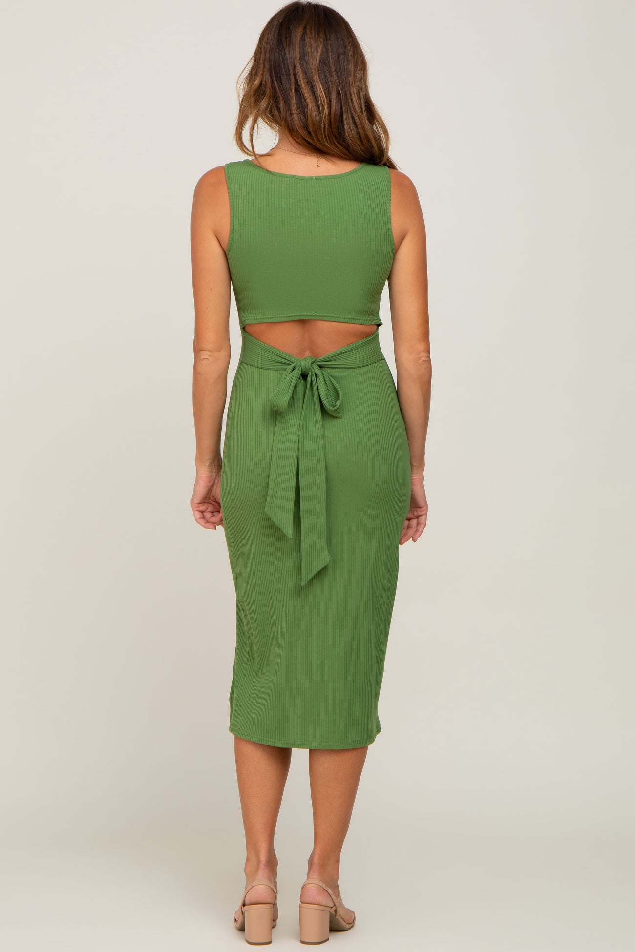 Olive Ribbed Back Cutout Midi Dress