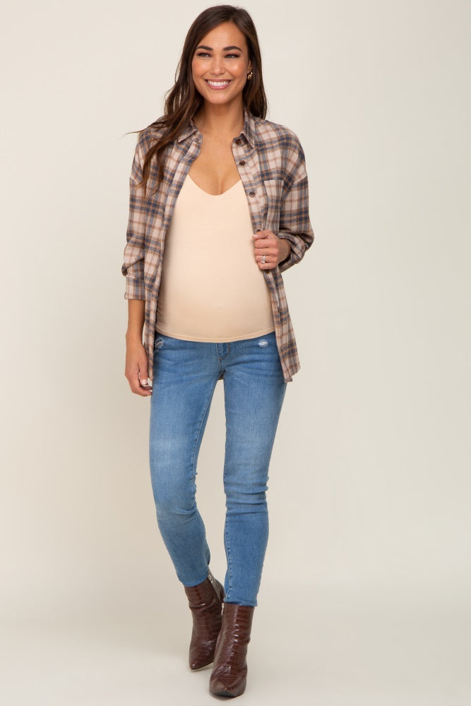 Navy Plaid Button Up Front Pocket Maternity Top