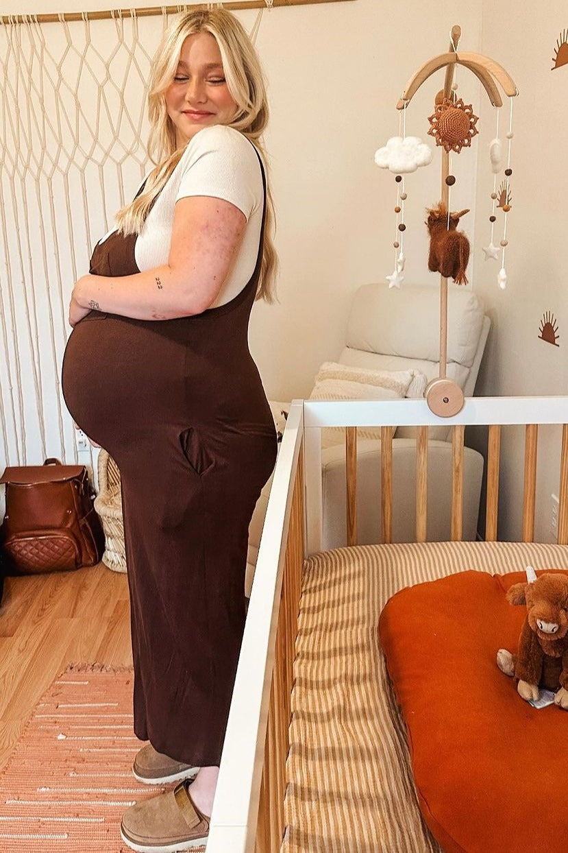 Brown Sleeveless Pocketed Wide Leg Maternity Jumpsuit
