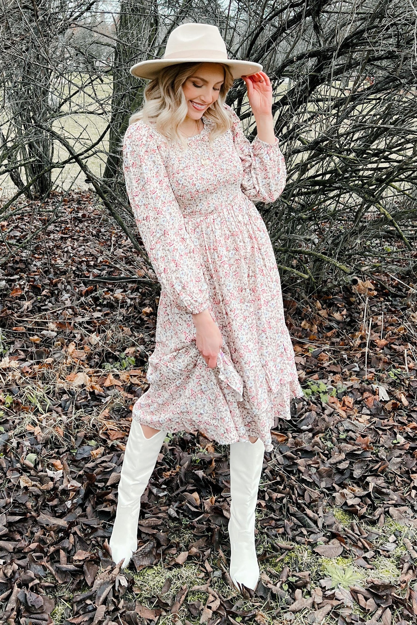 Pink Floral Smocked Long Sleeve Midi Dress