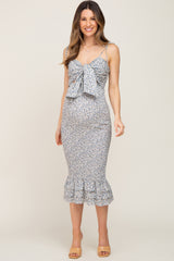 Blue Floral Knot Front Smocked Maternity Midi Dress