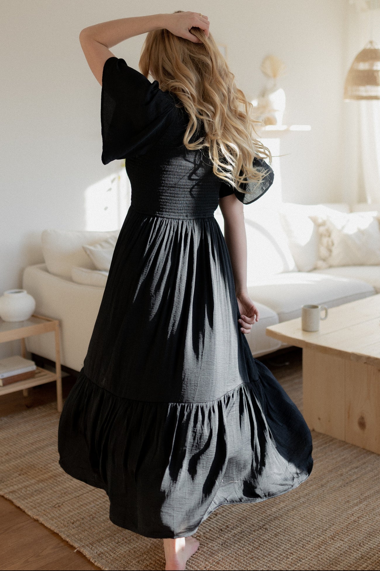 Black Satin Smocked Midi Dress