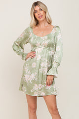Light Olive Floral Satin Ruched Top Dress