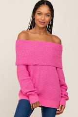 Fuchsia Foldover Off Shoulder Maternity Sweater