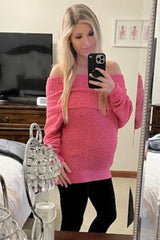 Fuchsia Foldover Off Shoulder Maternity Sweater