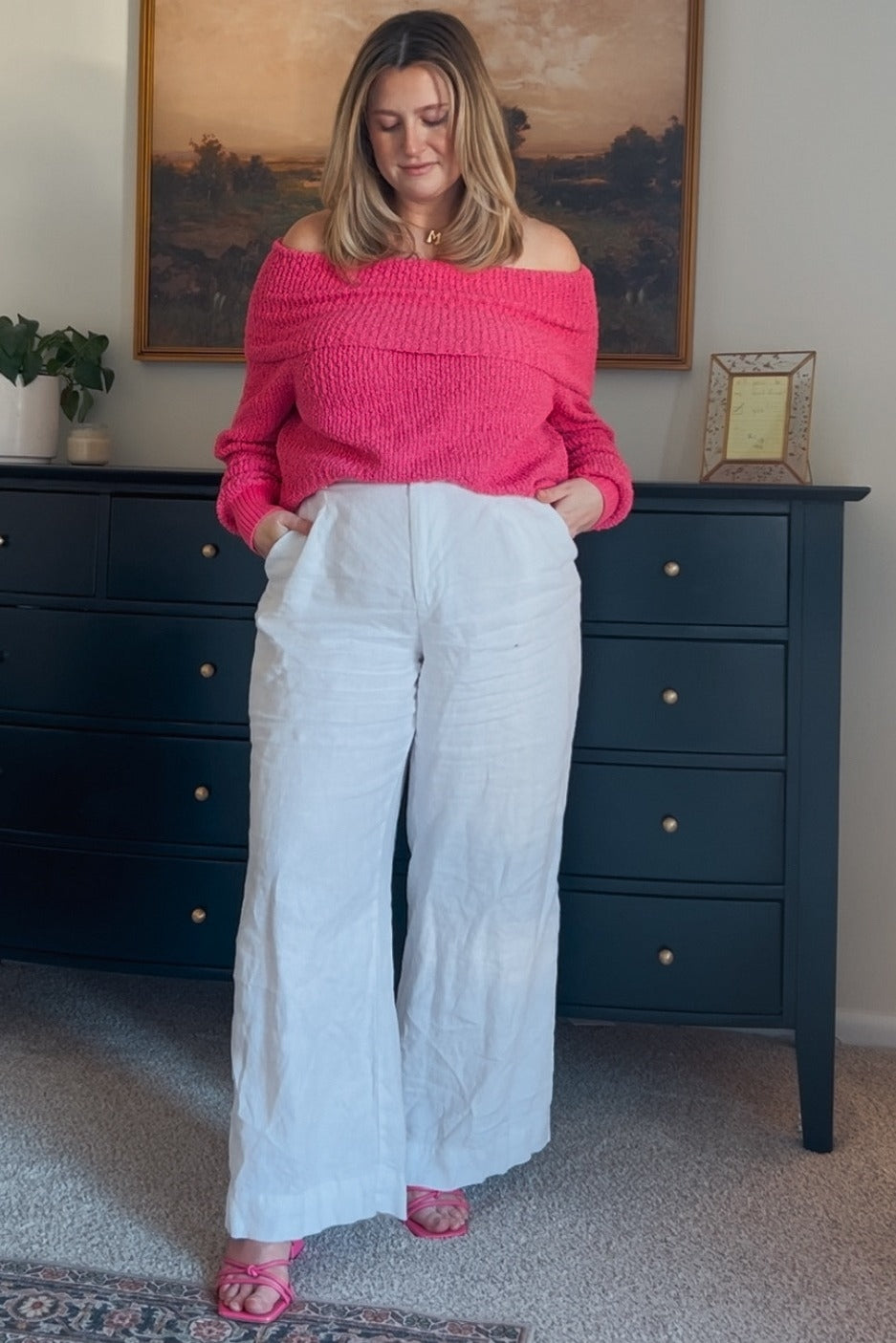 Fuchsia Foldover Off Shoulder Sweater