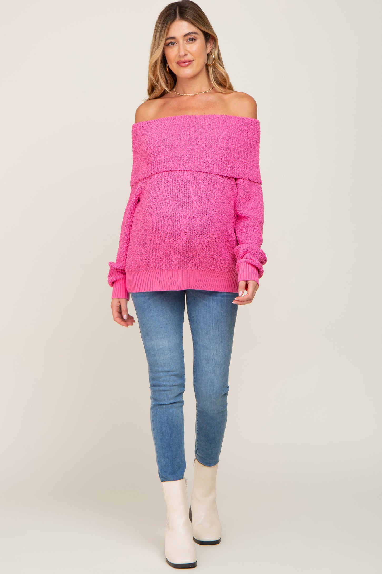 Fuchsia Foldover Off Shoulder Maternity Sweater