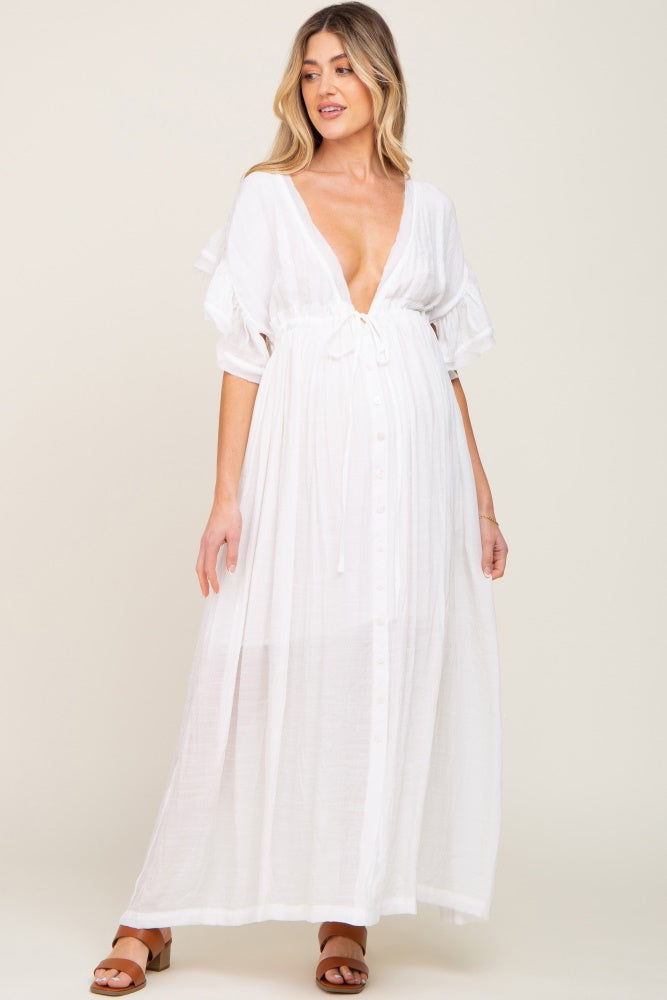 Ivory Deep V-Neck Button Down Maternity Maxi Dress