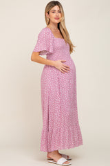 Pink Floral Smocked Maternity Midi Dress