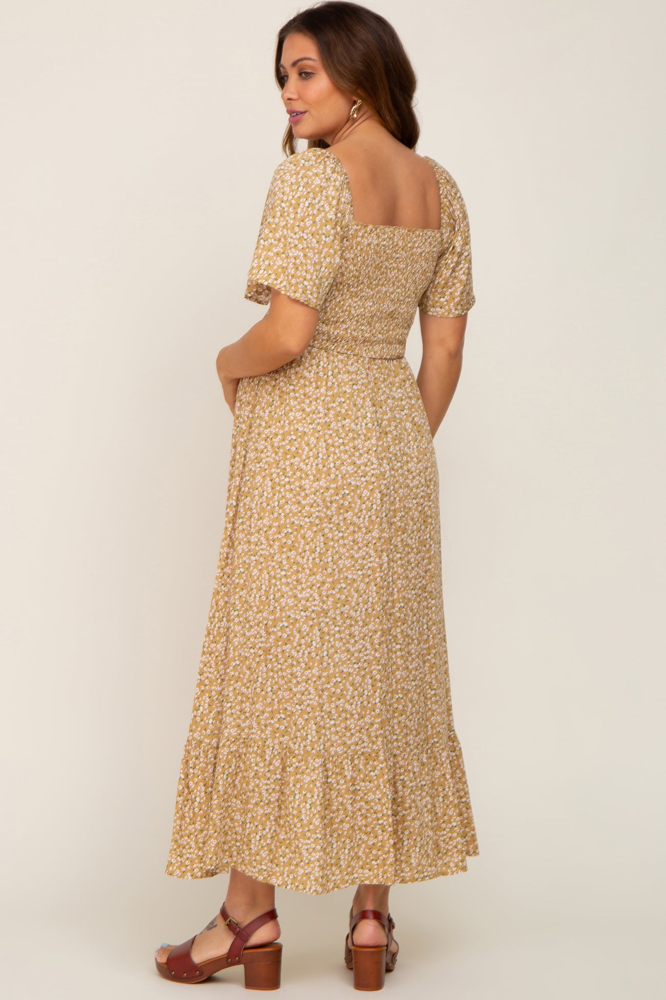Yellow Floral Smocked Flounce Sleeve Maternity Maxi Dress
