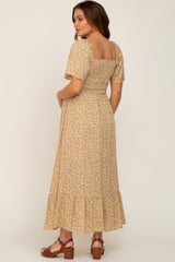 Yellow Floral Smocked Flounce Sleeve Maternity Maxi Dress