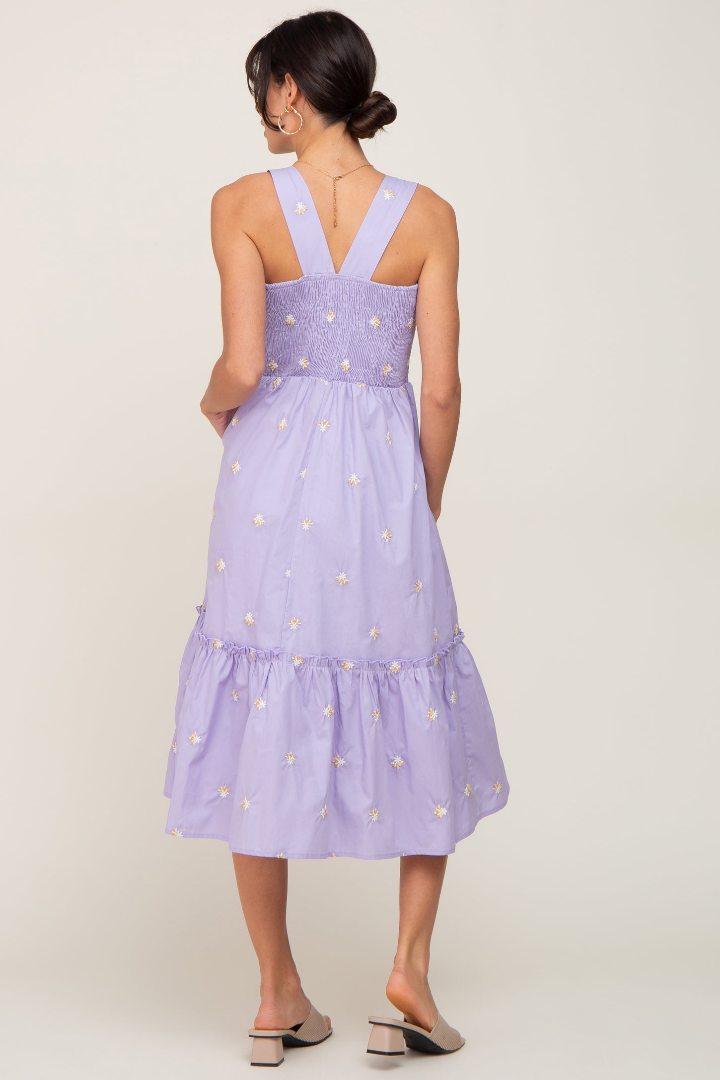 Lavender Sleeveless Floral Embroidered Midi Dress