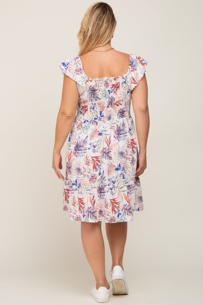 Cream Palm Print Smocked Flutter Sleeve Maternity Plus Dress
