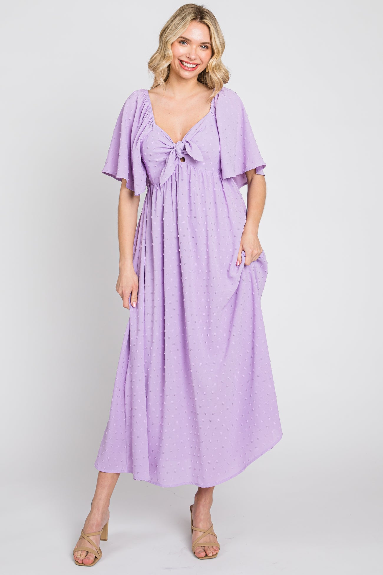 Lavender Textured Dot Front Tie Ruffle Sleeve Maternity Midi Dress