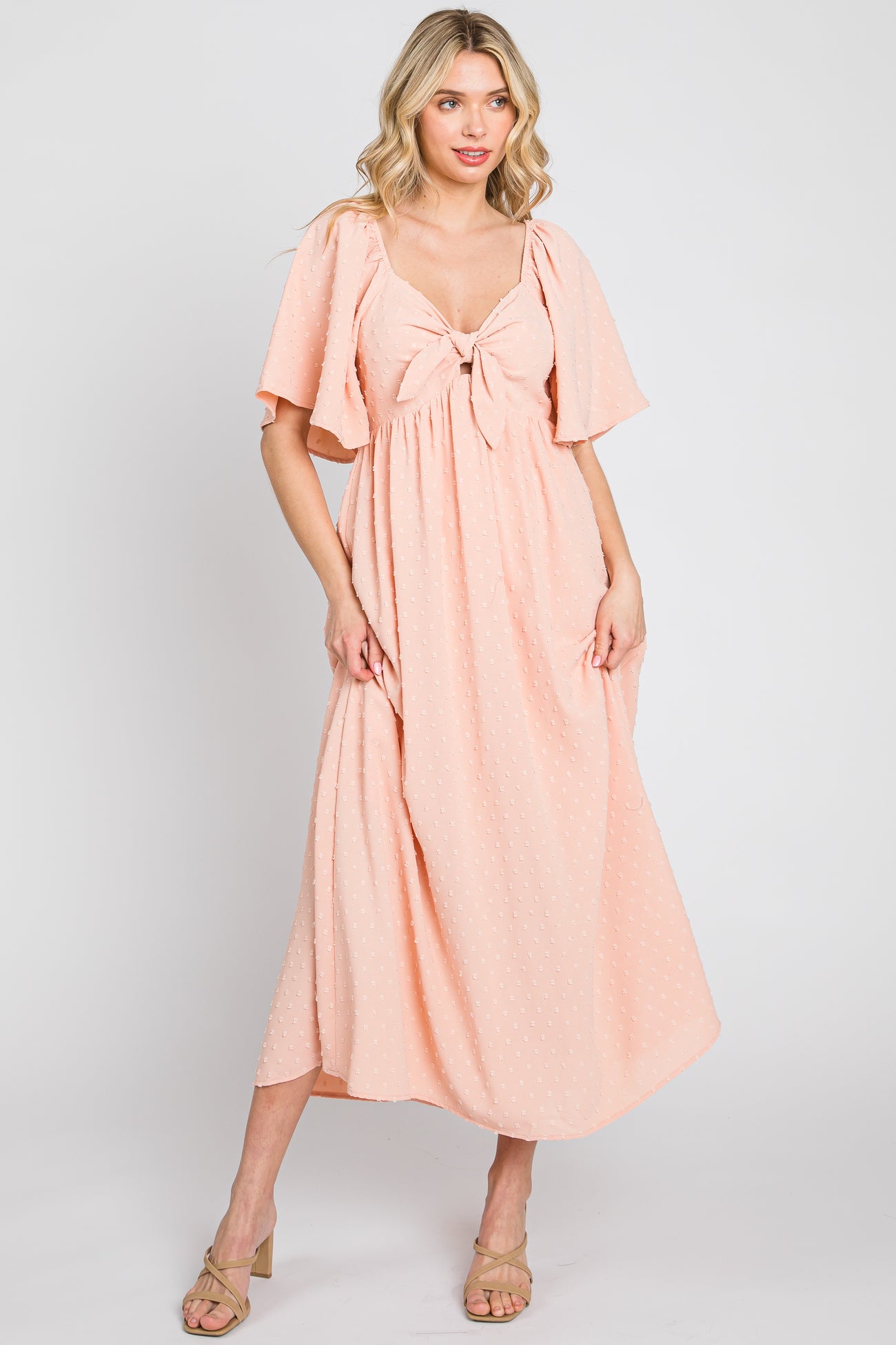 Peach Textured Dot Front Tie Ruffle Sleeve Maternity Midi Dress