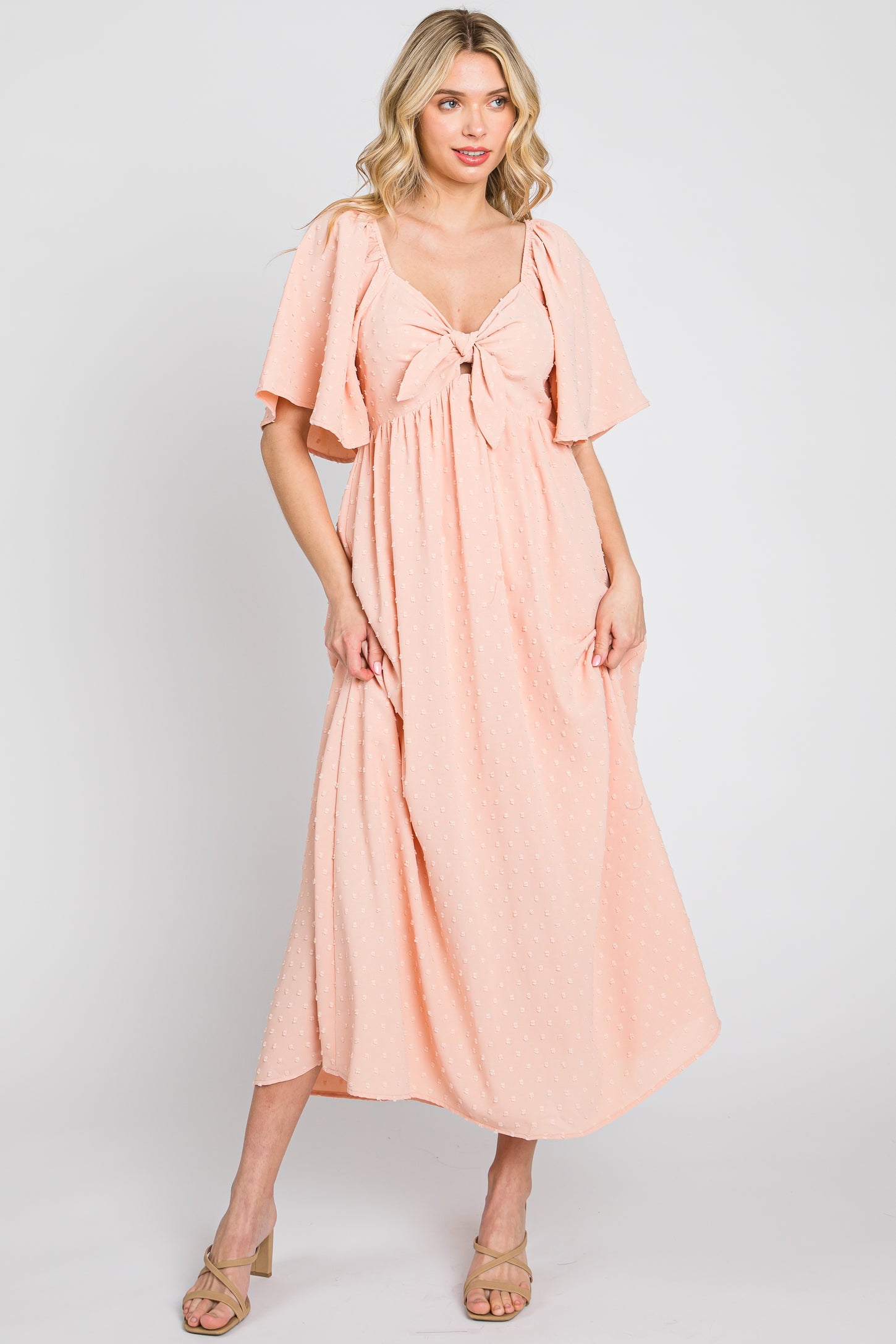 Peach Textured Dot Front Tie Ruffle Sleeve Maternity Midi Dress