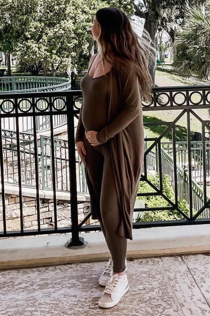 Mocha Ribbed Maternity Jumpsuit Two Piece Set