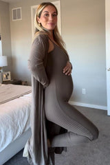 Mocha Ribbed Maternity Jumpsuit Two Piece Set