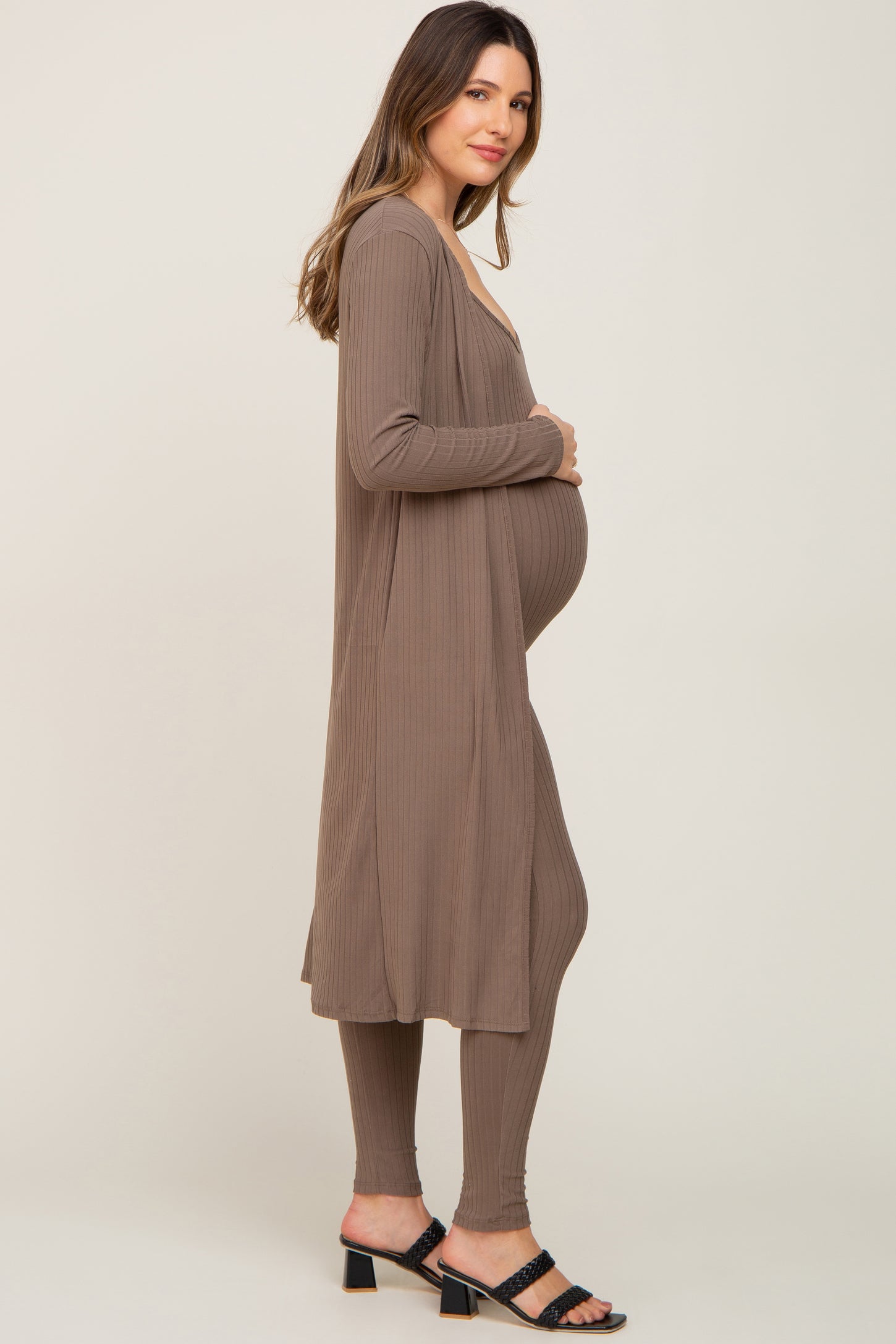 Mocha Ribbed Maternity Jumpsuit Two Piece Set