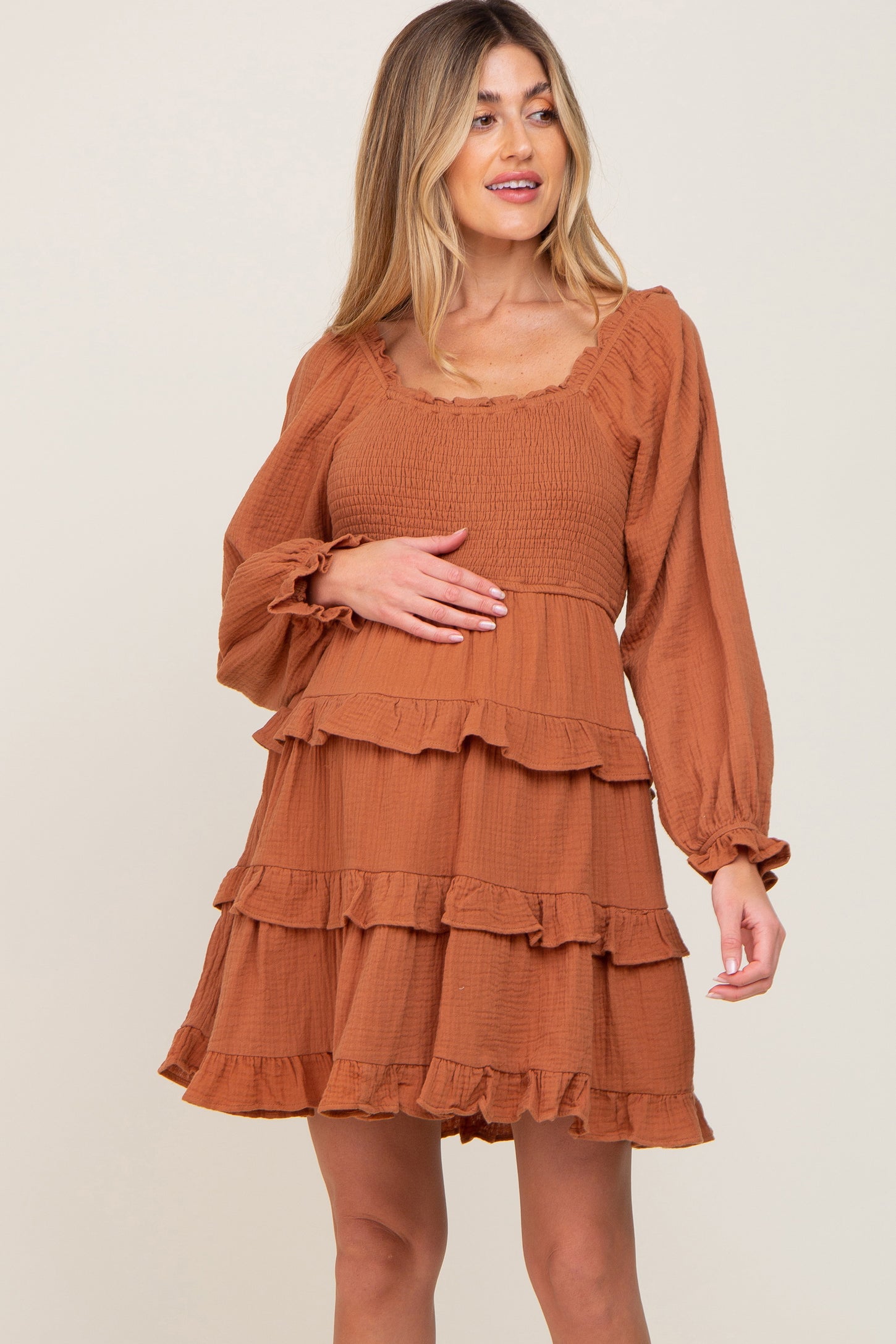 Camel Smocked Ruffle Tiered Long Sleeve Maternity Dress