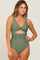woman wearing an olive green one-piece swimsuit with a twisted front and cut-out detail