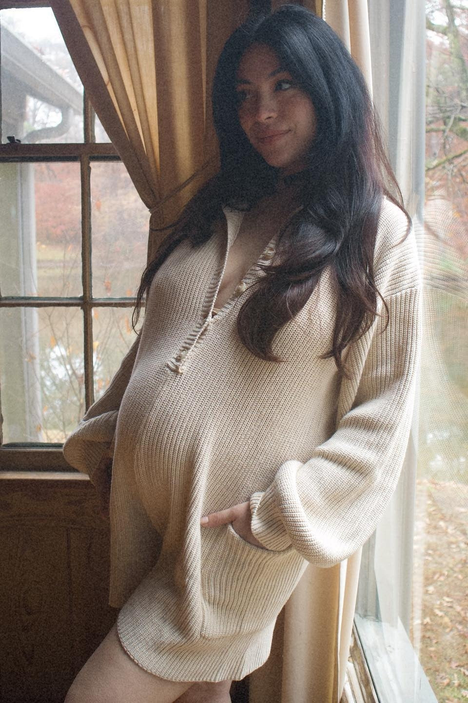 Cream Button Down Maternity Sweater Romper
