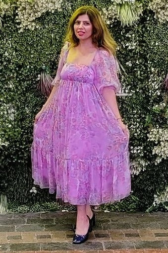 Pink Floral Shimmer Chiffon Midi Dress