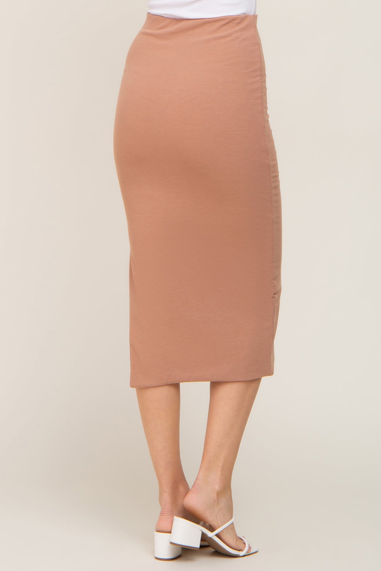 Mocha Ribbed Side Slit Midi Skirt