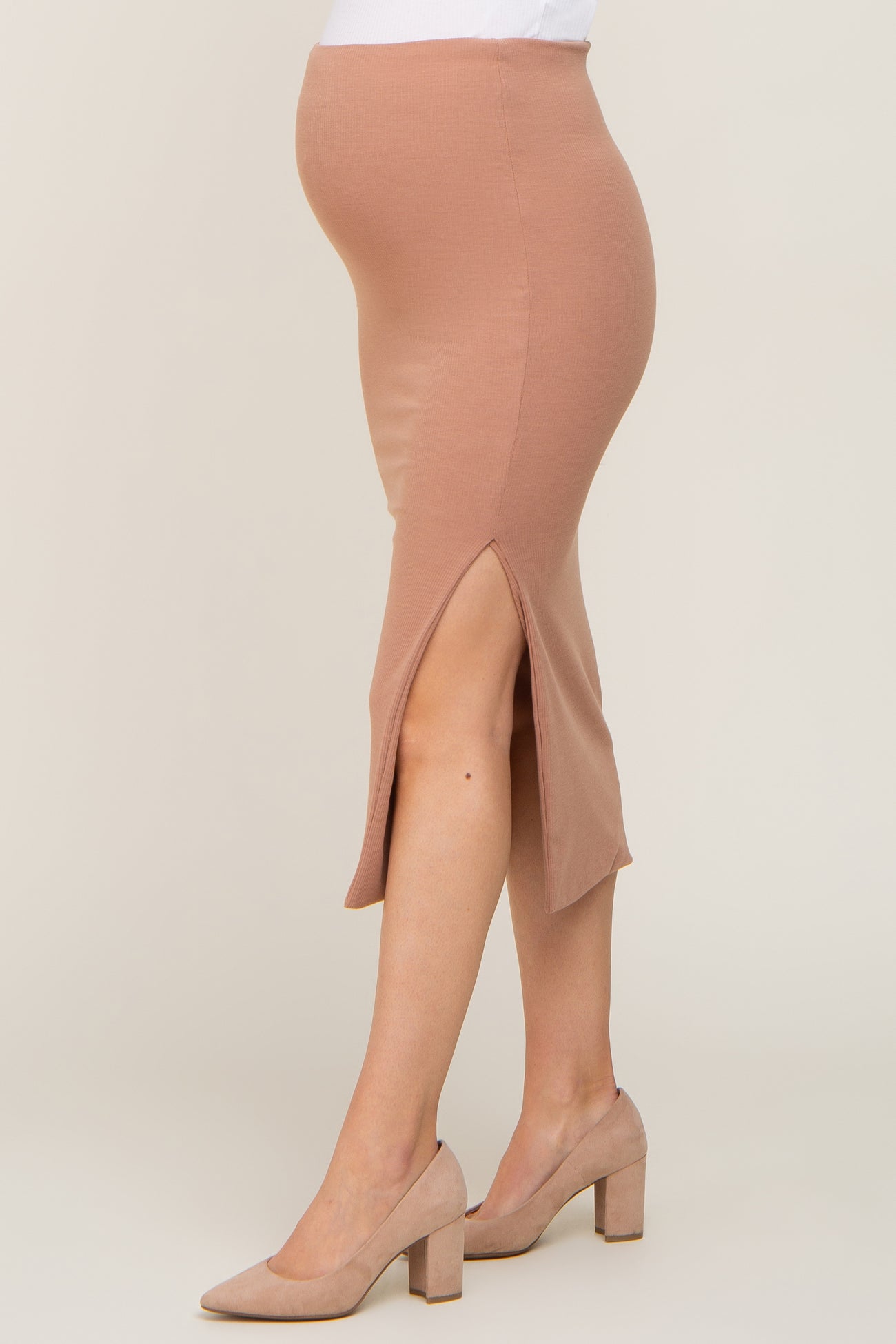 Mocha Ribbed Side Slit Maternity Midi Skirt