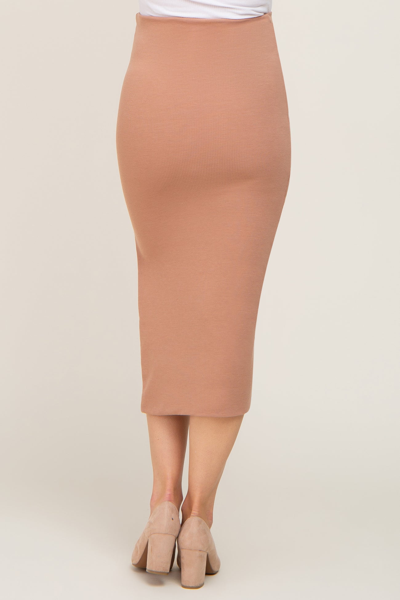 Mocha Ribbed Side Slit Maternity Midi Skirt