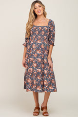 Navy Floral Smocked 3/4 Sleeve Maternity Midi Dress