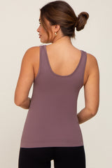 woman wearing a mauve maternity tank top, showing the back view with a fitted style and wide straps