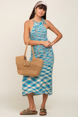 Blue Multicolor Open Knit Halter Maternity Midi Dress