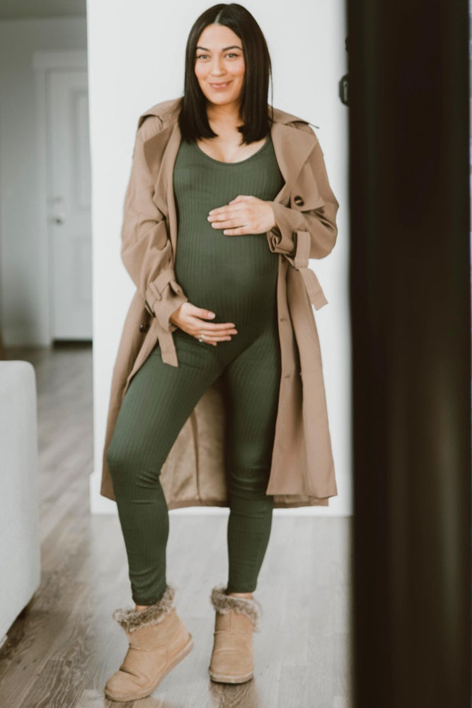 Olive Ribbed Bodycon Maternity Jumpsuit