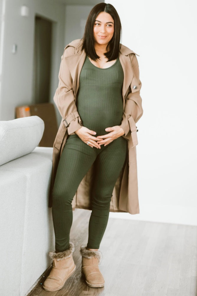 Olive Ribbed Bodycon Maternity Jumpsuit