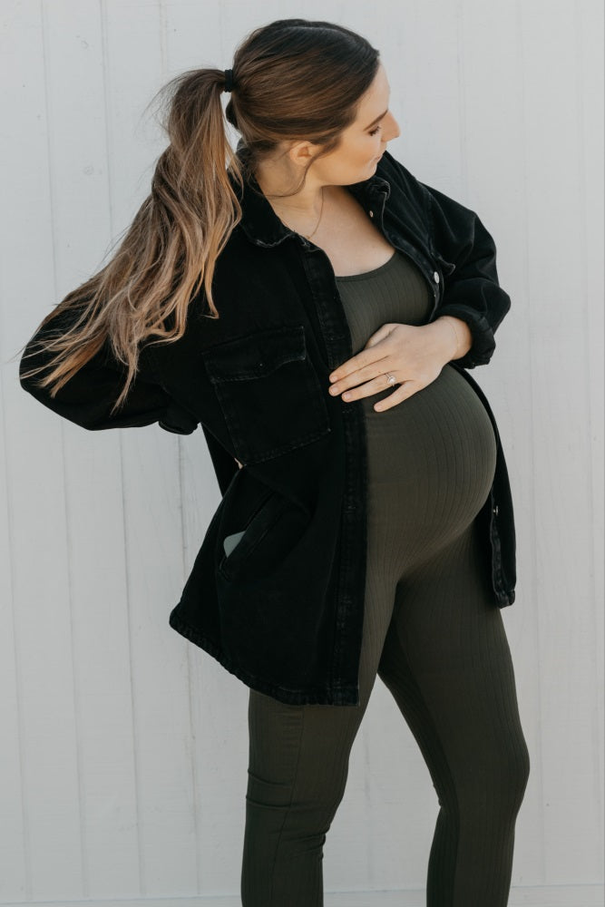 Olive Ribbed Bodycon Maternity Jumpsuit
