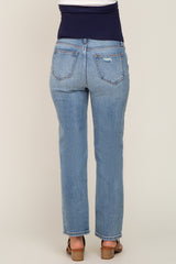light wash maternity jeans with a stretchy waistband, shown from the back