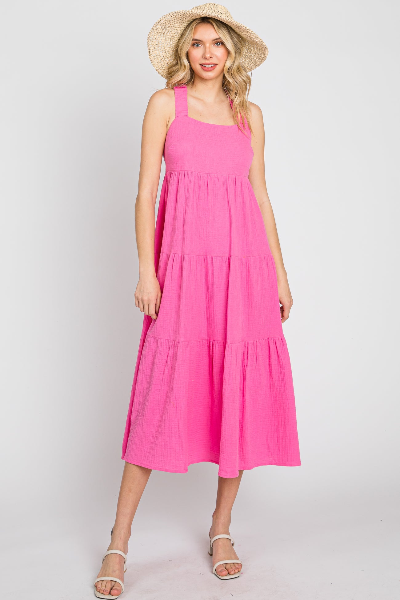Neon Pink Tiered Crisscross Strap Maternity Midi Dress
