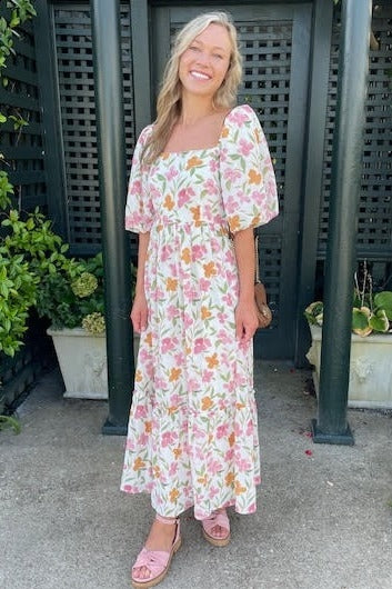 White Floral Puff Sleeve Maternity Maxi Dress