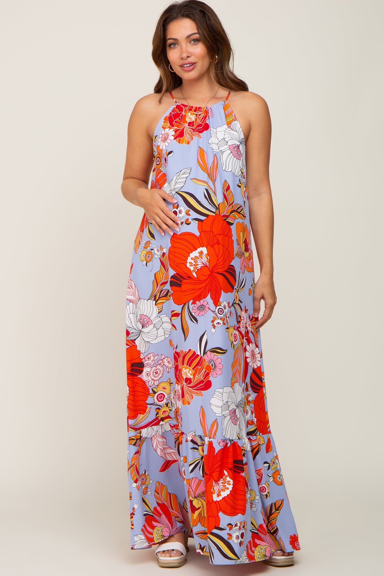 Periwinkle Floral Halter Maternity Maxi Dress