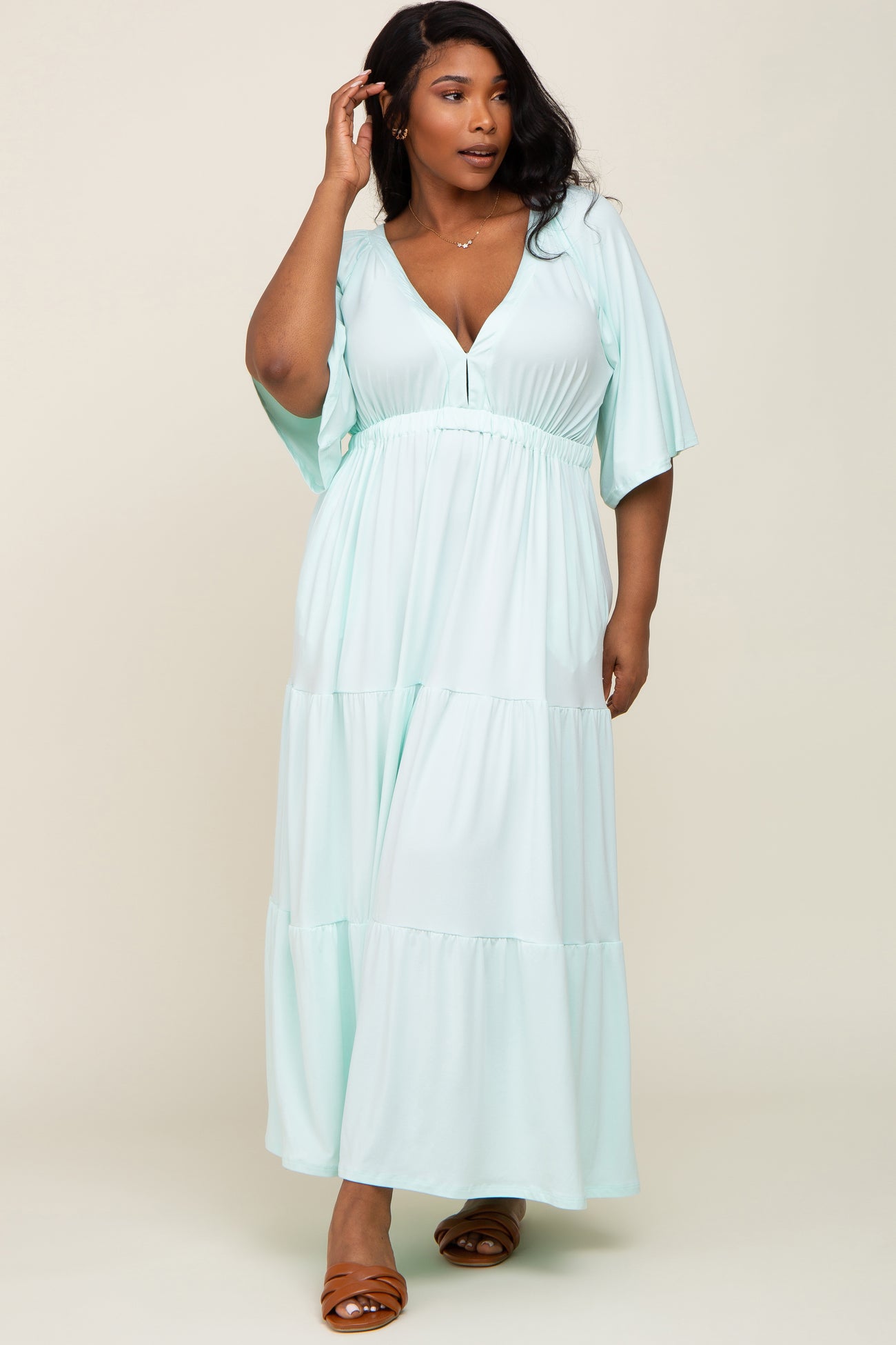 Mint Green Deep V-Neck Tiered Plus Maxi Dress