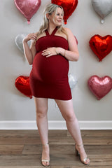 Burgundy Ribbed Knit Halter Neck Maternity Fitted Dress