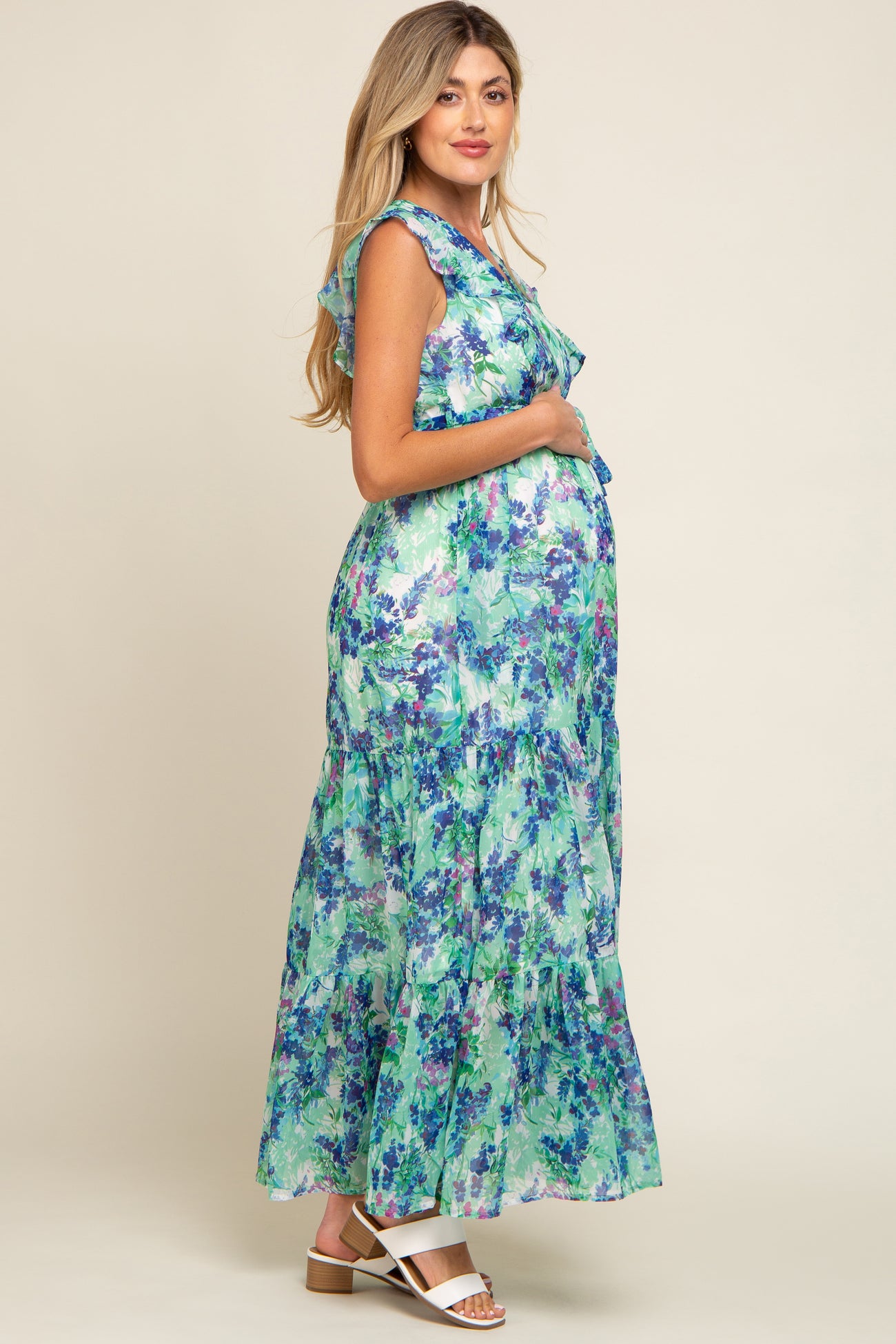 Blue Floral Ruffle Accent Waist Tie Maternity Maxi Dress