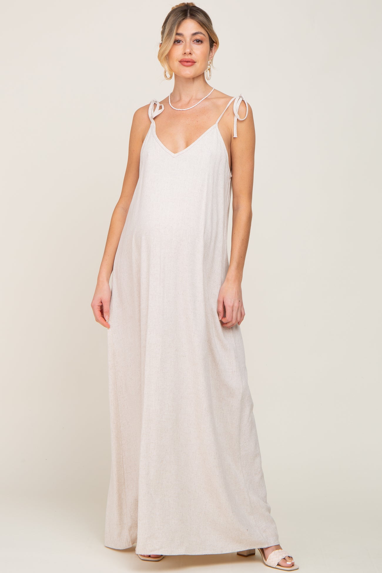 Beige Linen V-Neck Tie Strap Maternity Maxi Dress